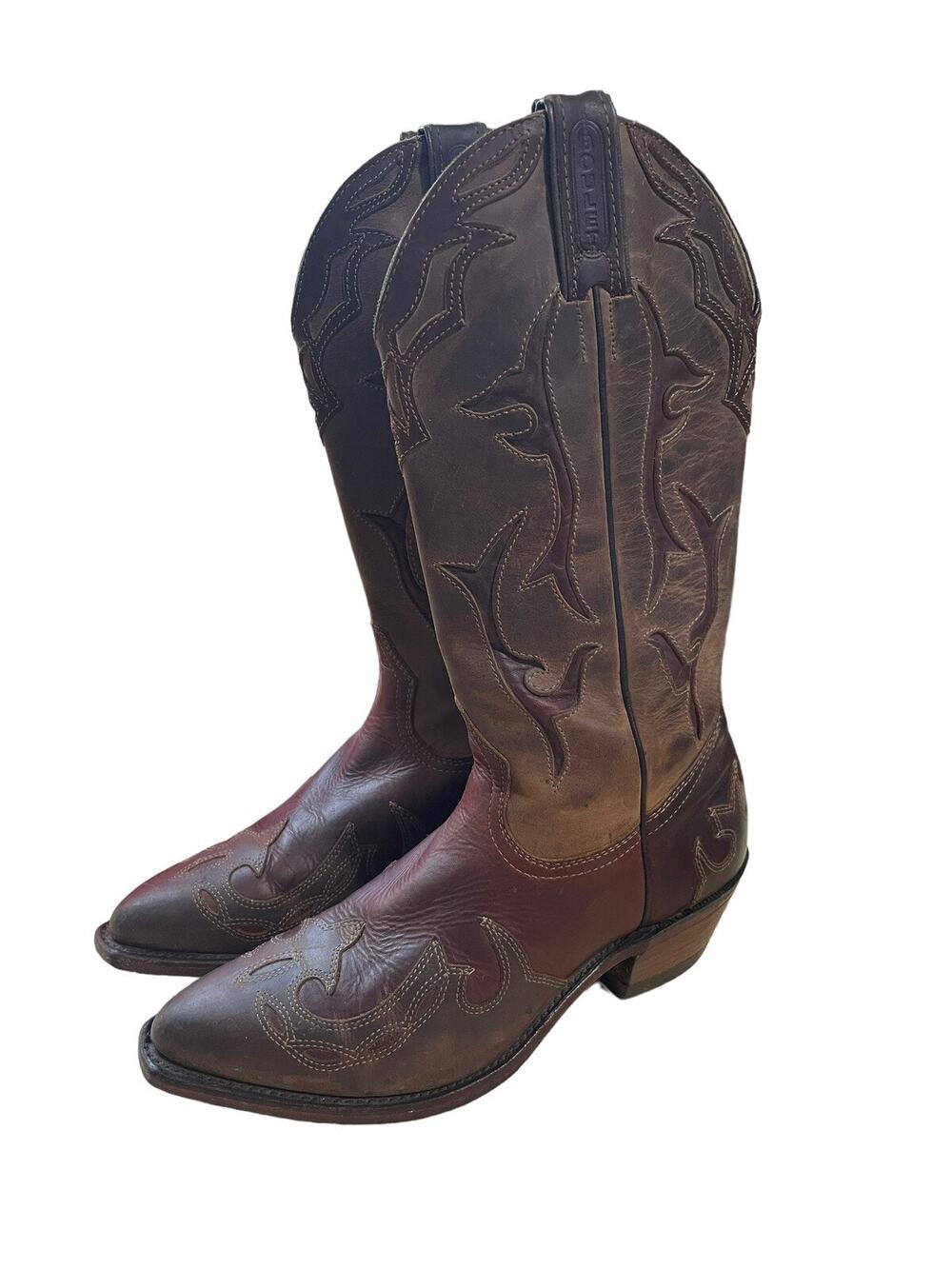 Boulet Western Cowgirl Boots 2 Tone Brown Leather Pull On Almond Toe US Size 7